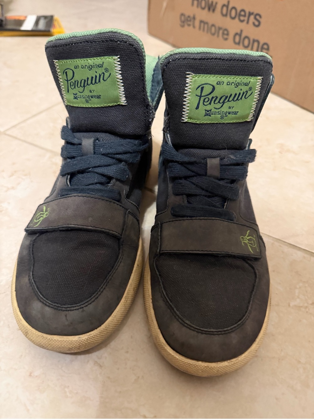 Original Penguin Men's Navy and Green High-Top Sneakers size 8.5
